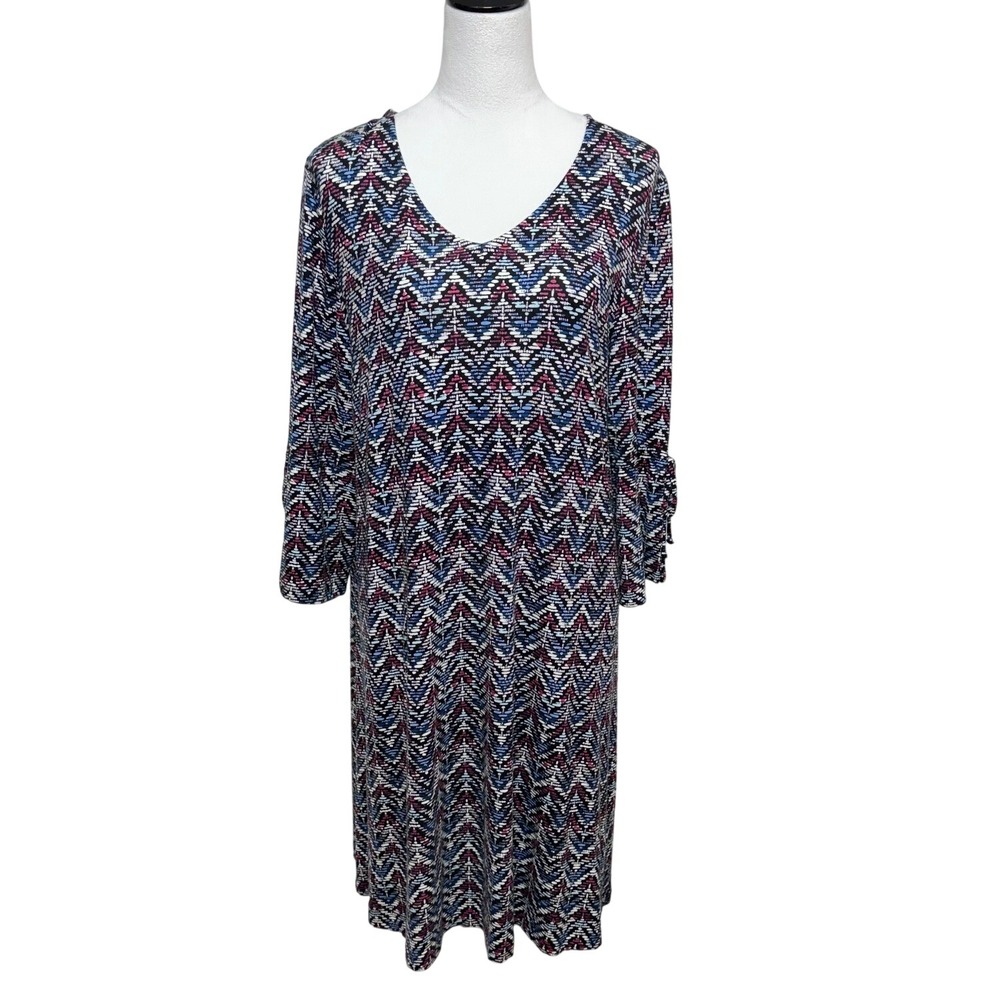 Chicos Dress Large 2 Blue Chevron Shift Knee Length 3/4 Sleeve Pullover Office